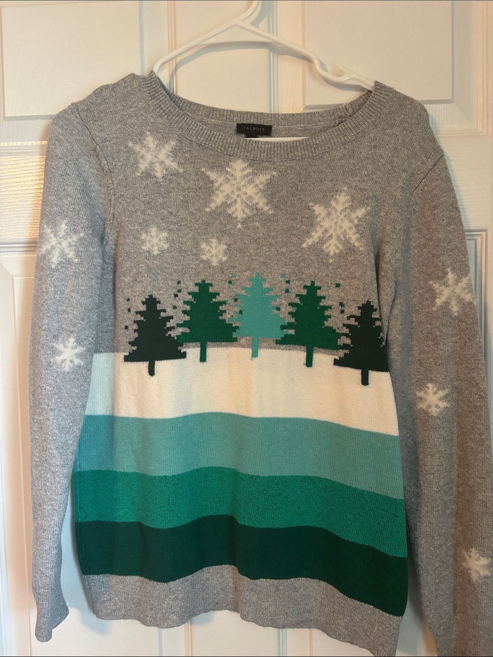 Talbots Gray Sweater with Green Tree Stripe Crewneck